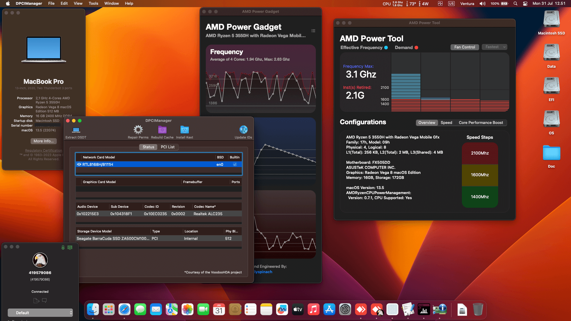 Success Hackintosh macOS Ventura 13.5 Build 22G74 in Asus TUF Gaming FX505DD-DR5N6